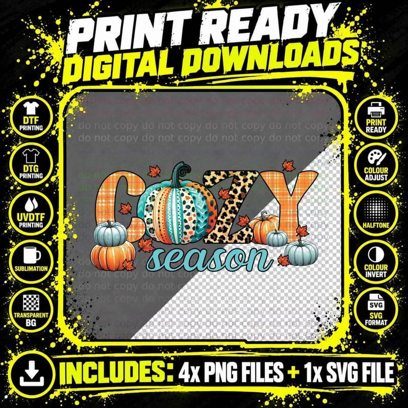 Cozy Season Fall T-Shirt, Cozy Season Patterned Pumpkins Png SVG Digital Bundle