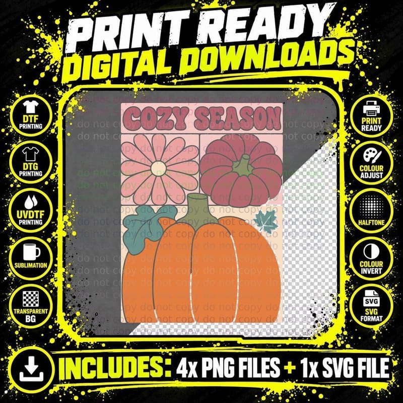 Cozy Season Fall T-Shirt, Pink Pumpkin and Pink Flowers Png SVG Digital Bundle