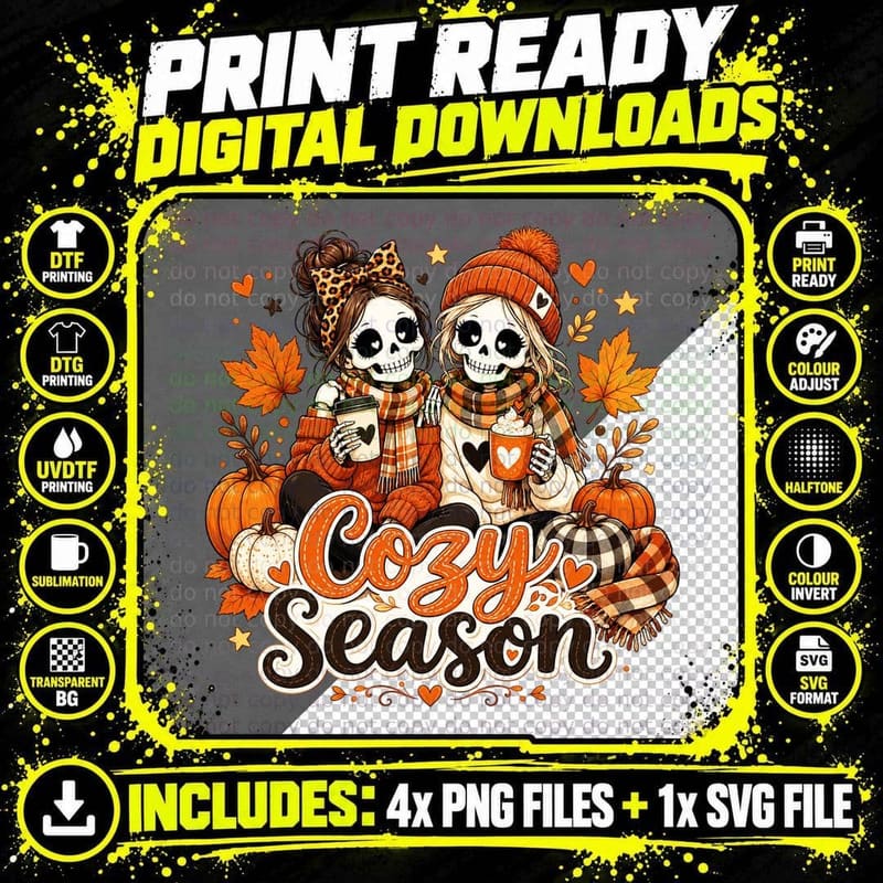 Cozy Season Fall T-Shirt, Skeleton Duo Autumn Coffee Png SVG Digital Bundle