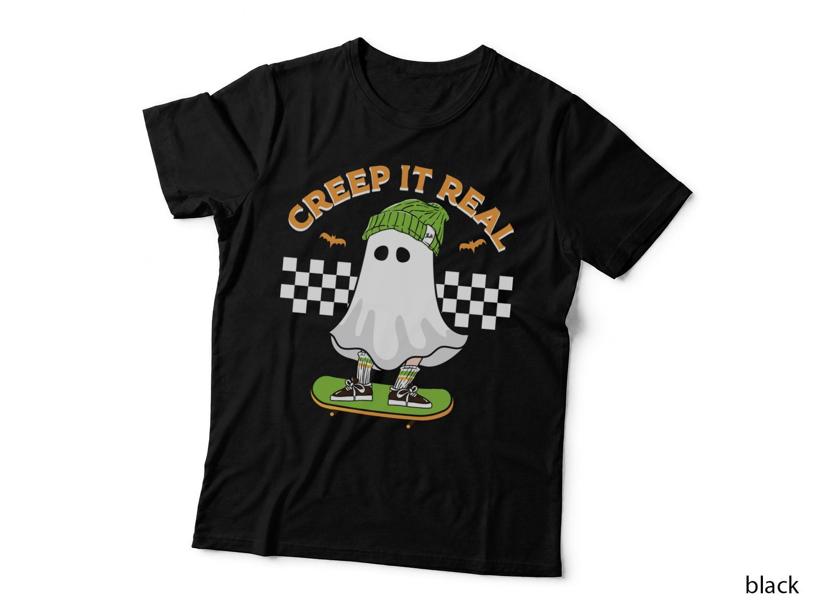 Creep It Real Fall T-Shirt, Ghost Skateboarding Checkered Autumn Tee