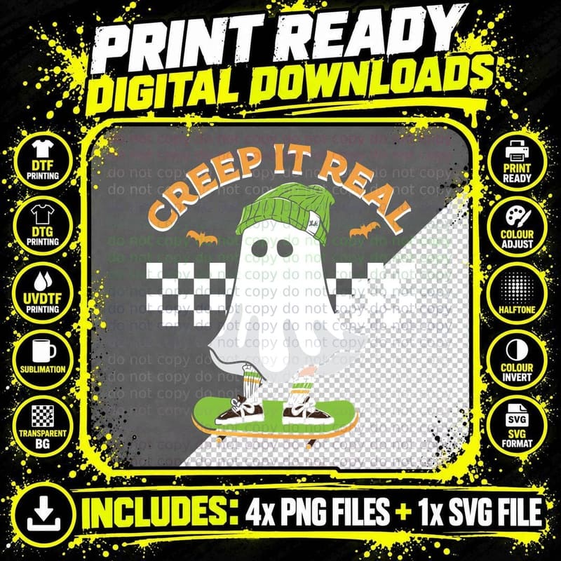 Creep It Real Fall T-Shirt, Ghost Skateboarding Png SVG Digital Bundle