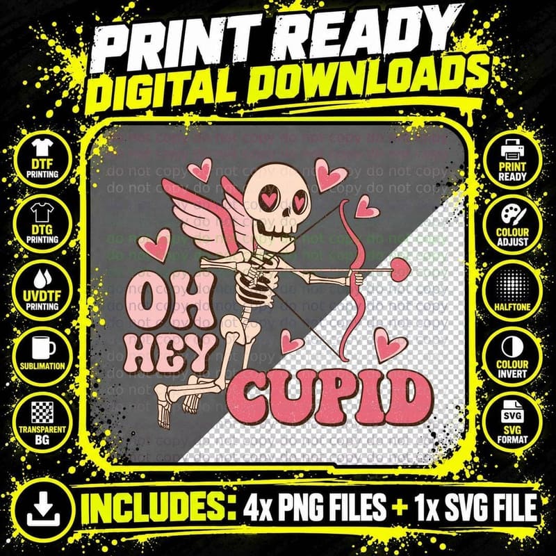 Cupid Skeleton Oh Hey with Bow Arrow Hearts Retro Png SVG Digital Bundle