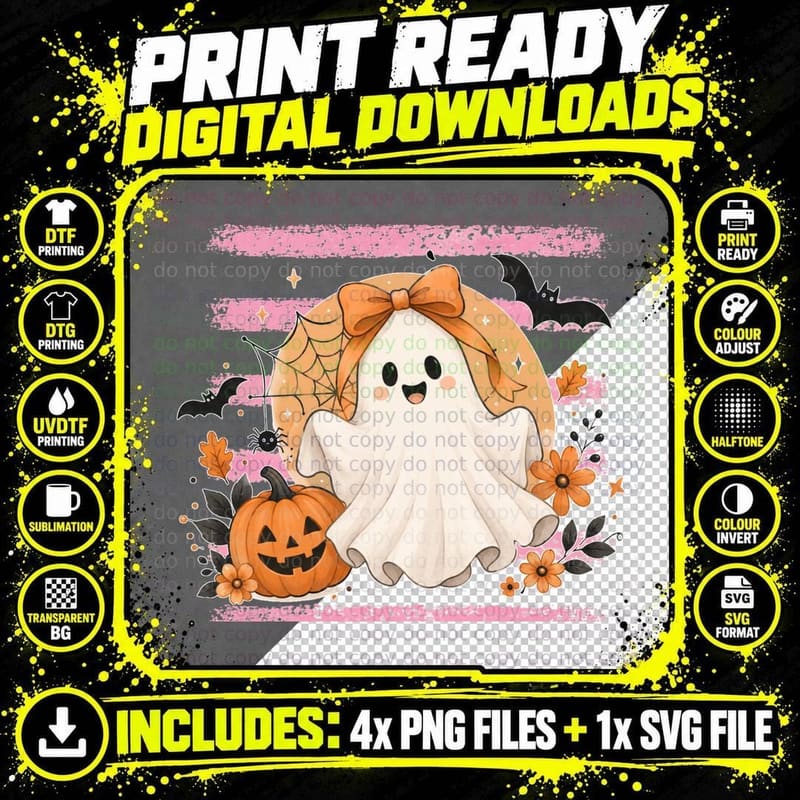 Cute Ghost Autumn Leaves Pink Glow Fall T-Shirt Png SVG Digital Bundle
