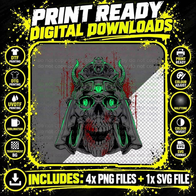 Cyborg Skull Cyberpunk Robot Tech Horror Green T-Shirt Png SVG Digital Bundle