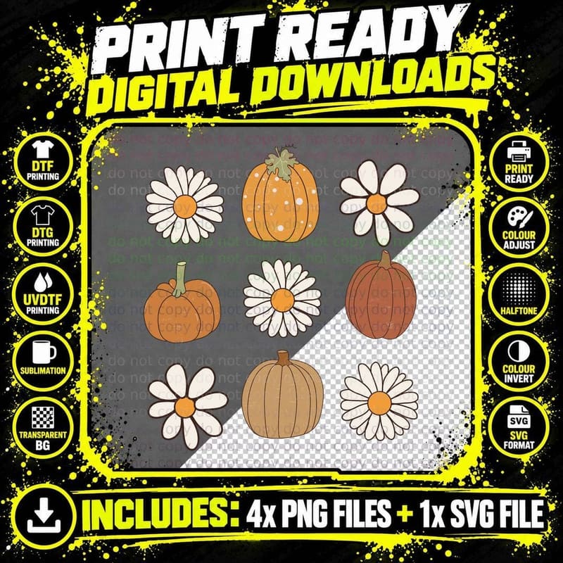 Daisies Flowers Pumpkins Arrangement Fall T-Shirt Png SVG Digital Bundle