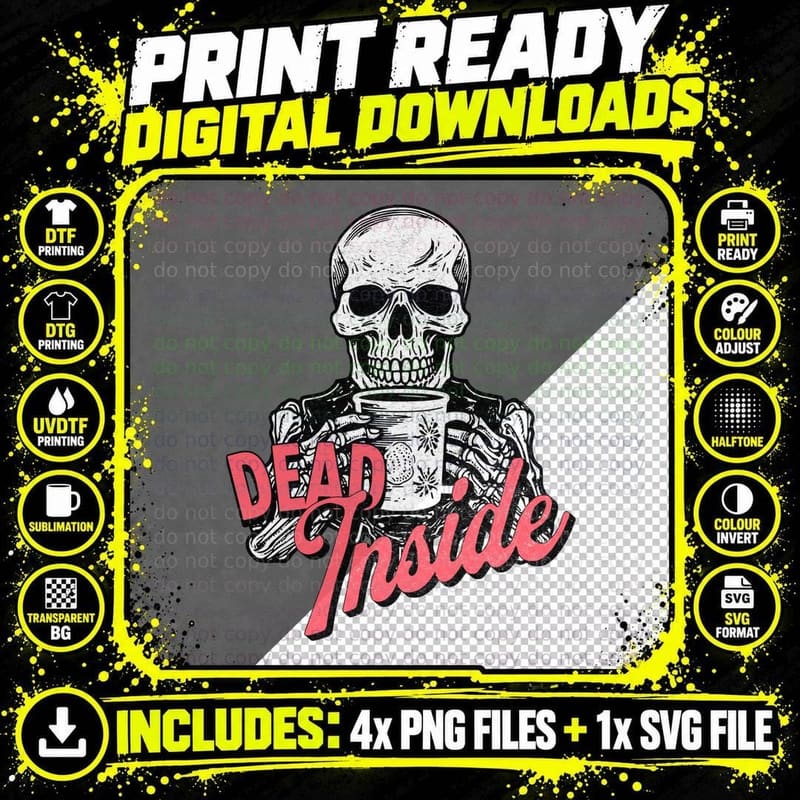 Dead Inside Skeleton with Coffee Cup Skull White Vintage Png SVG Digital Bundle