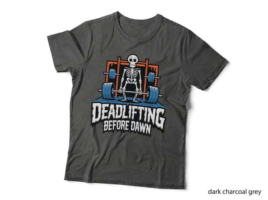 Deadlifting Before Dawn Orange Blue Skeleton Squat Barbell Edgy T-Shirt