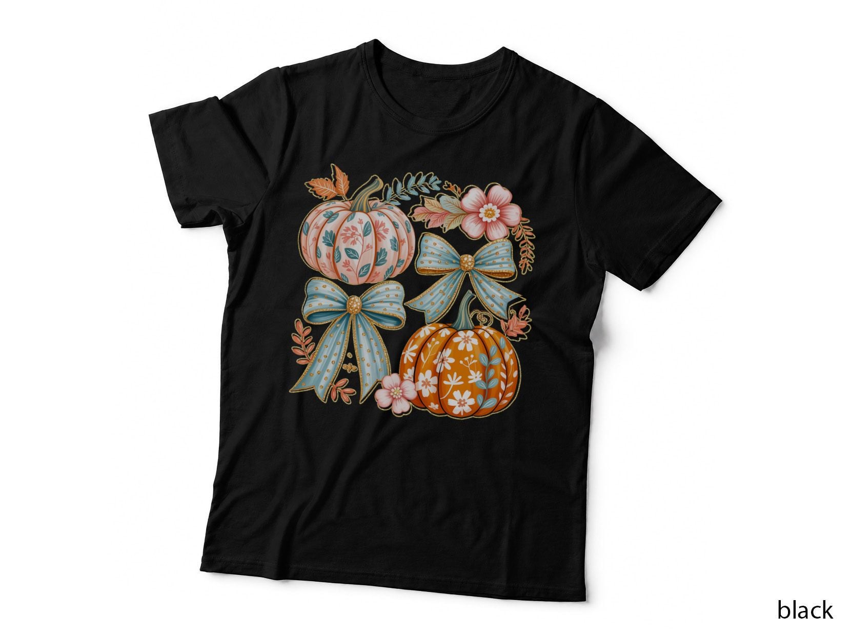 Decorated Pumpkins Blue Bows Fall T-Shirt, Autumn Season Graphic Tee