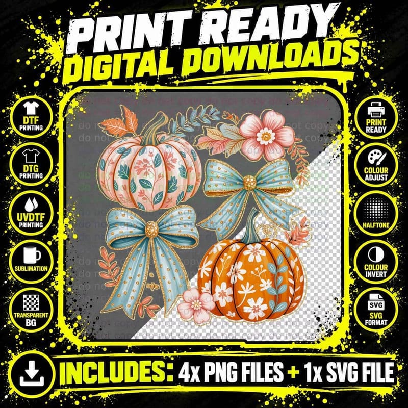Decorated Pumpkins Blue Bows Fall T-Shirt Png SVG Digital Bundle