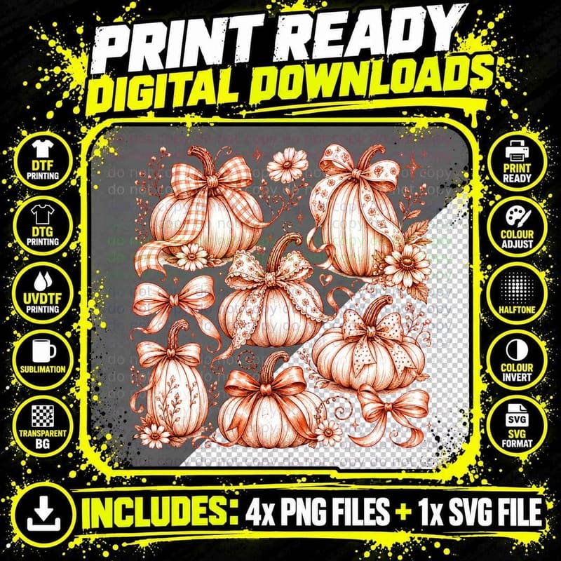 Decorative Pumpkin Drawing Bows Florals Fall T-Shirt Png SVG Digital Bundle