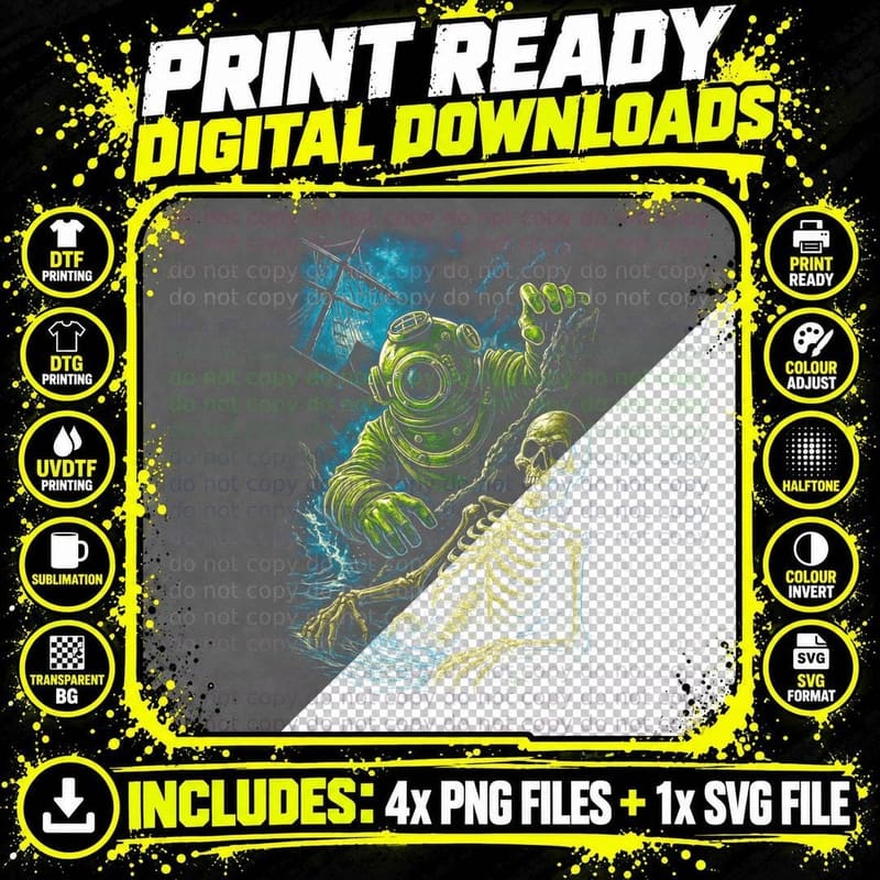 Deep Sea Diver Horror T-Shirt, Halftone Horror Creature Png SVG Digital Bundle