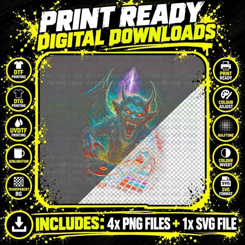 Demon DJ T-Shirt, Halftone Horror Music Graphic Tee Png SVG Digital Bundle