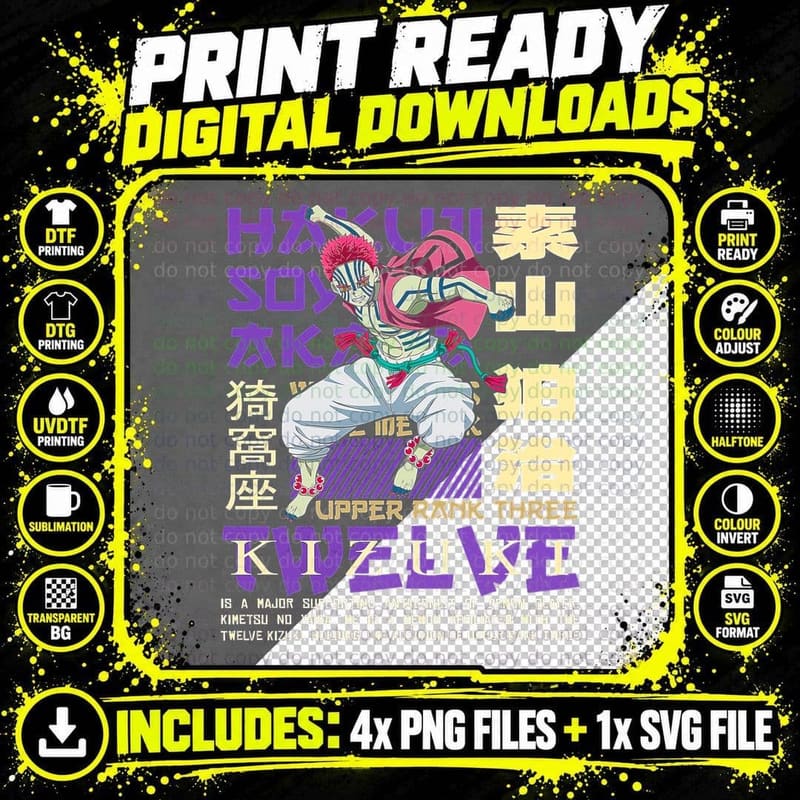 Demon Slayer Anime Skull Soul Kizuki Halftone Skeleton Png SVG Digital Bundle