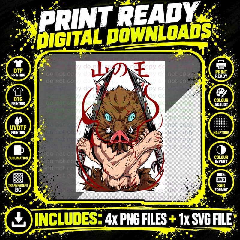 Demon Slayer Face Japanese Text Brown Red Cursed Spirit Png SVG Digital Bundle