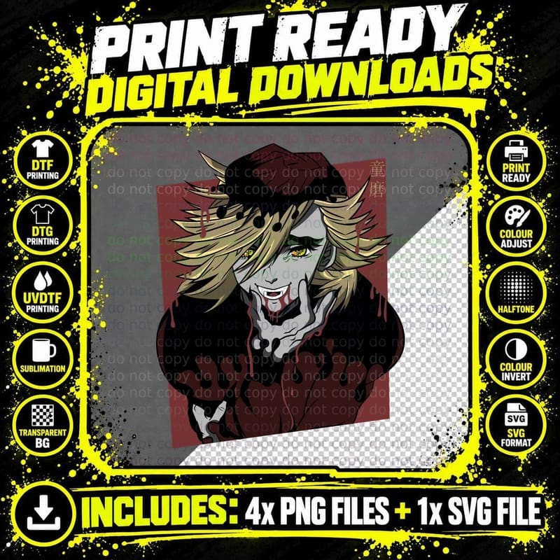 Demon Slayer Vampire Blonde Long Hair Red Eyes Pale Png SVG Digital Bundle