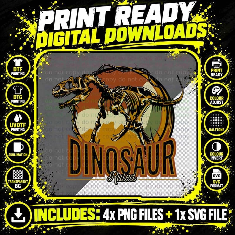 Dinosaur Ruled Skeleton Extinct Vintage T-Shirt Png SVG Digital Bundle