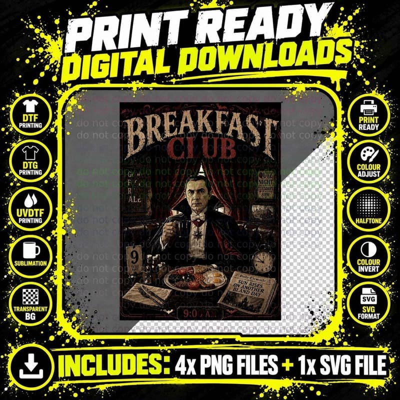 Dracula Vintage Breakfast Club Gothic Horror British Pub Png SVG Digital Bundle