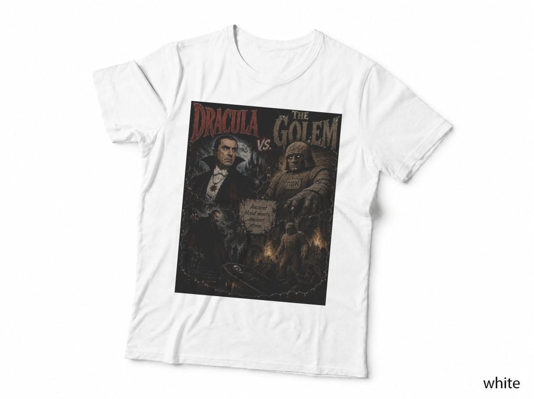 Dracula vs Golem Vintage Classic Horror Vampire Folklore Gothic Halftone T-Shirt