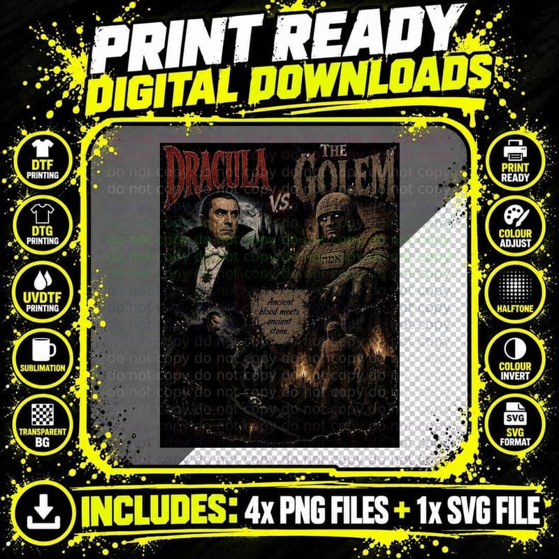 Dracula vs Golem Vintage Classic Horror Vampire Folklore Png SVG Digital Bundle