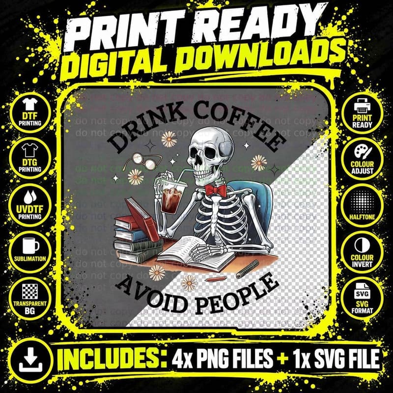 Drink Coffee Avoid People Books T-Shirt Png SVG Digital Bundle