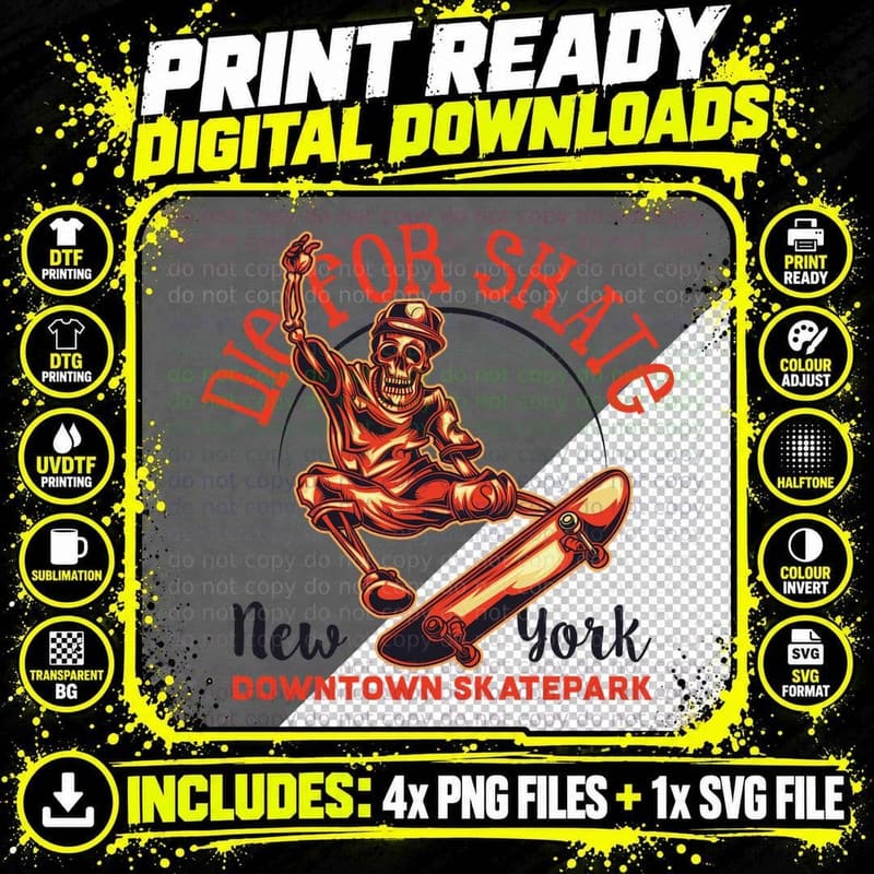 Drop Skate New York Downtown Skatepark Skeleton Png SVG Digital Bundle