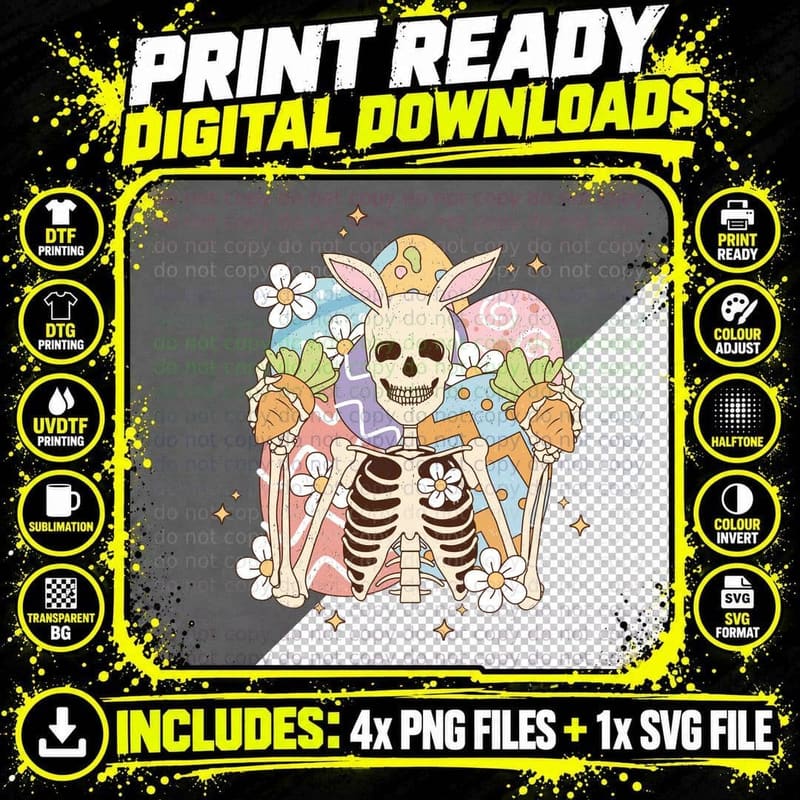 Easter Bunny Skeleton with Eggs and Flowers Easter Png SVG Digital Bundle