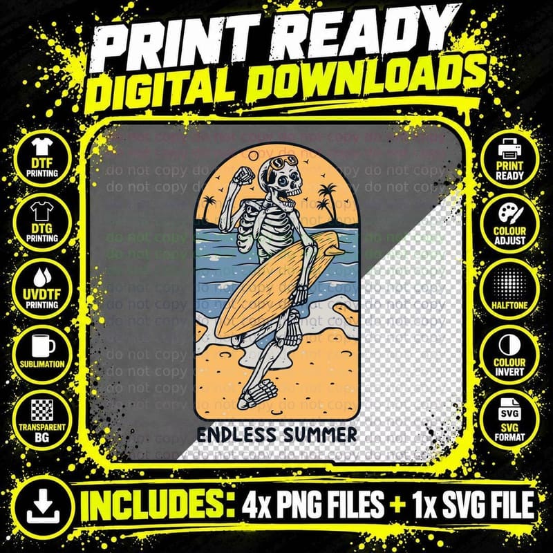Endless Summer Skeleton Surfer Beach Palm Trees Surfing Png SVG Digital Bundle