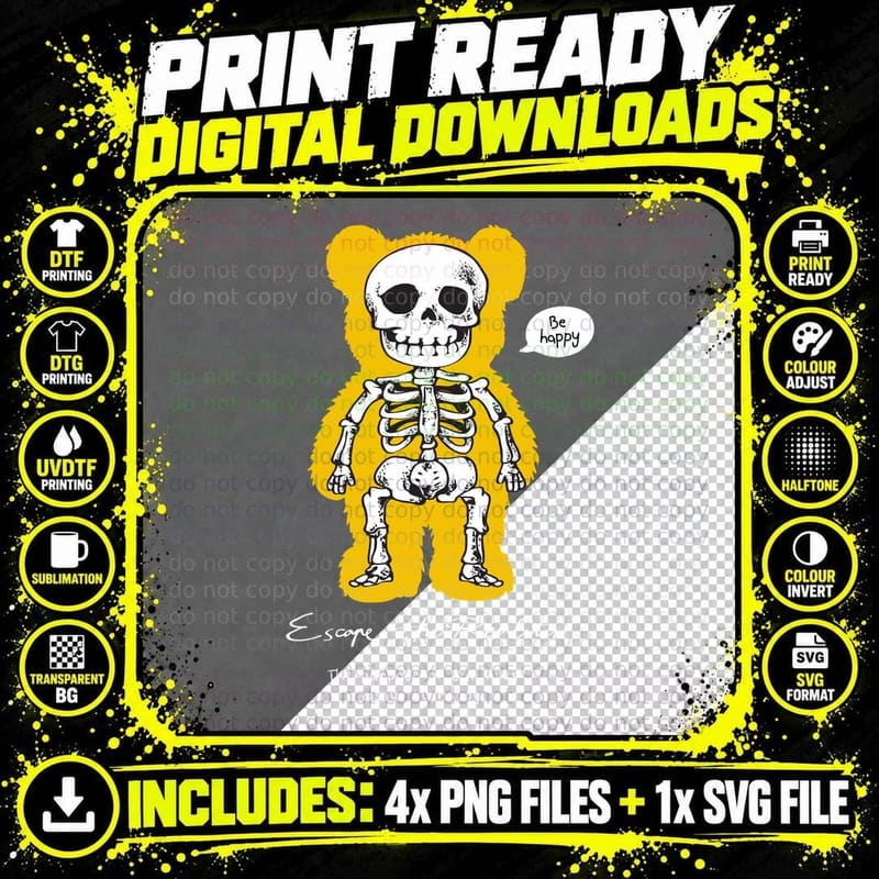 Escape the Reality Yellow Skeleton Bear Smiley Png SVG Digital Bundle