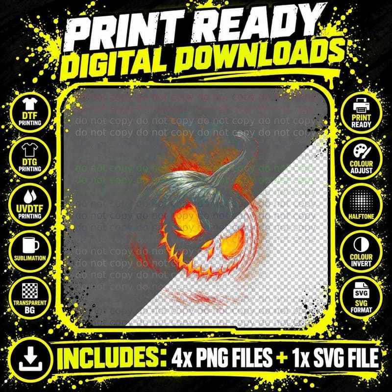 Evil Jack O Lantern T-Shirt, Halftone Horror Pumpkin Png SVG Digital Bundle