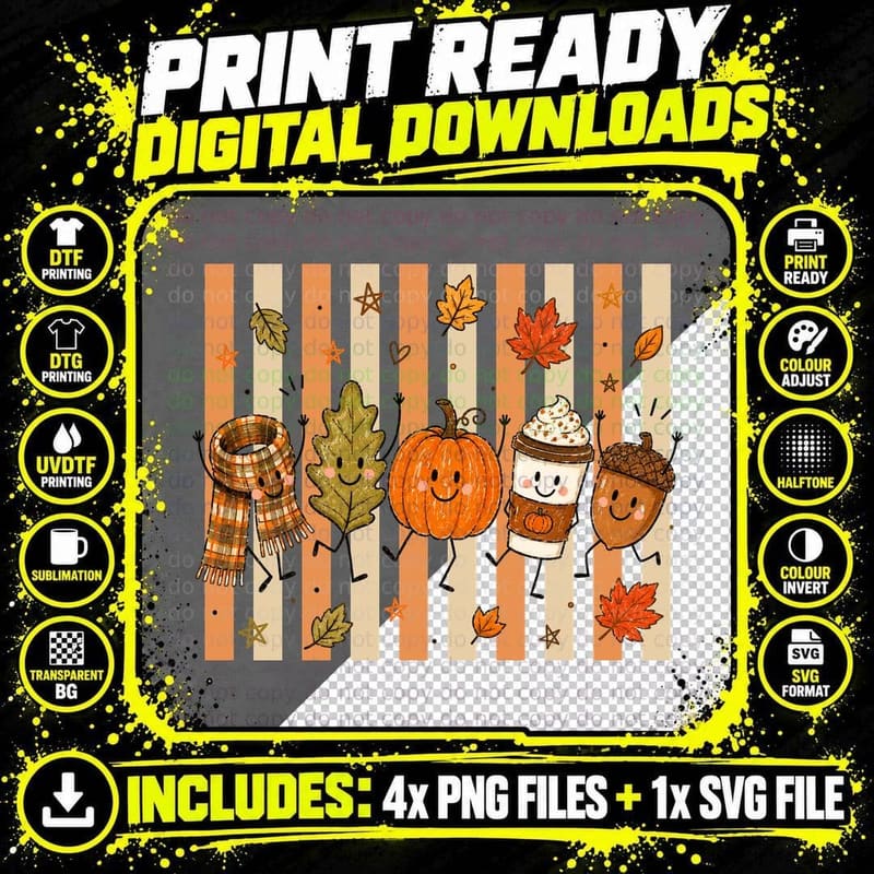 Fall Characters Scarf Leaf Pumpkin Coffee Fall T-Shirt Png SVG Digital Bundle