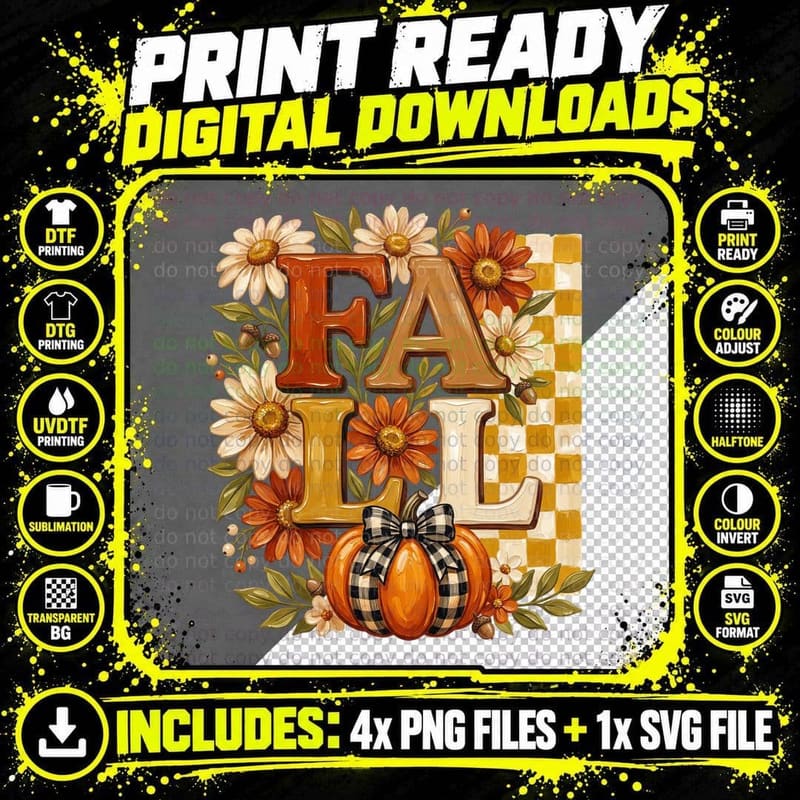Fall T-Shirt, Fall Letters Daisies Pumpkin Autumn Tee Png SVG Digital Bundle