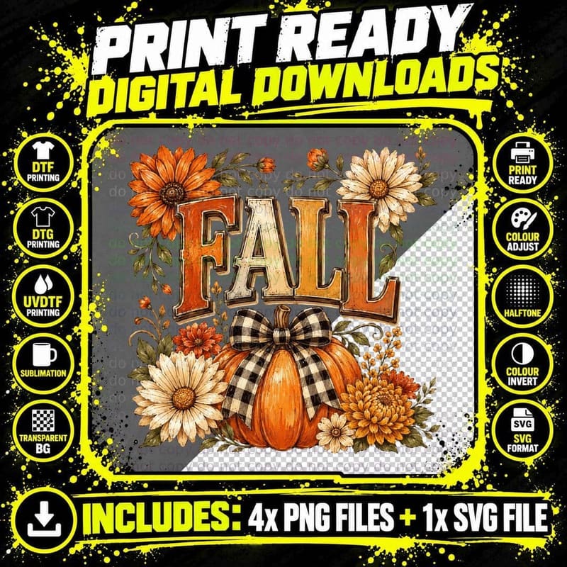 Fall T-Shirt, Pumpkin Flowers Bow Vintage Autumn Tee Png SVG Digital Bundle