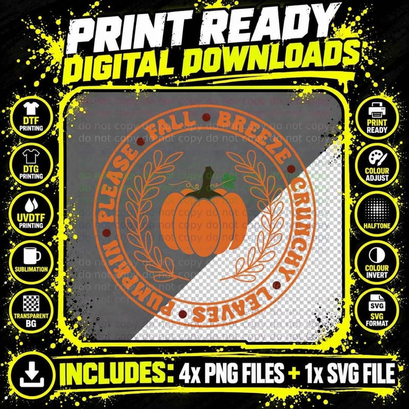 Fall T-Shirt, Pumpkin Leaves Wreath Circle Autumn Tee Png SVG Digital Bundle