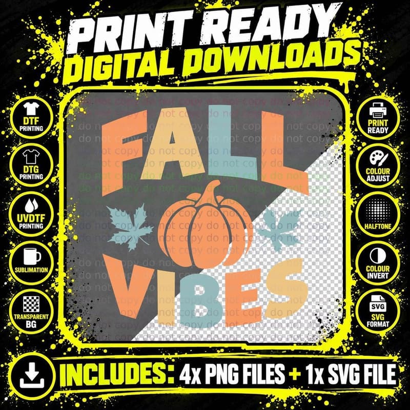 Fall Vibes Fall T-Shirt, Fall Pumpkin Multicolor Leaves Png SVG Digital Bundle