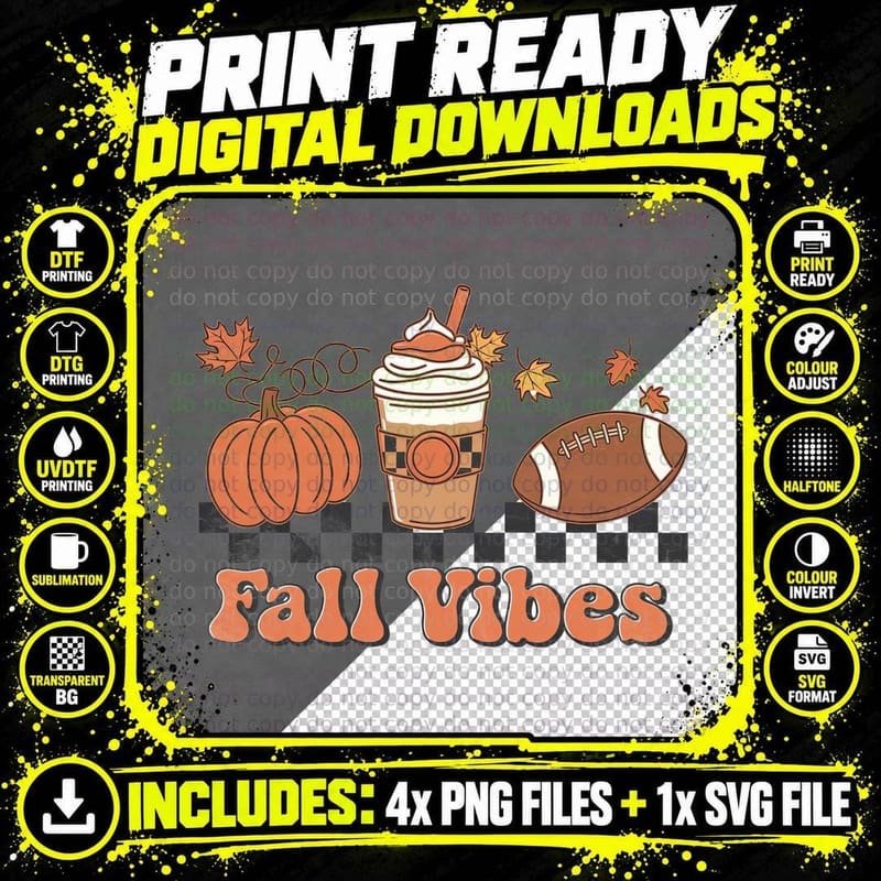 Fall Vibes Fall T-Shirt, Pumpkin Football Leaves Plaid Png SVG Digital Bundle