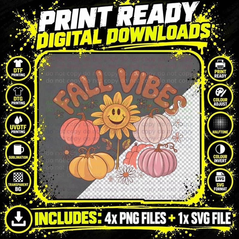 Fall Vibes Fall T-Shirt, Pumpkin Sunflowers Leaves Png SVG Digital Bundle