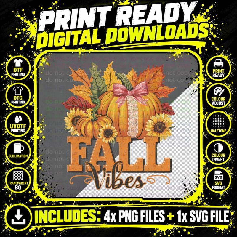 Fall Vibes Fall T-Shirt, Pumpkin Sunflowers Pink Bow Png SVG Digital Bundle