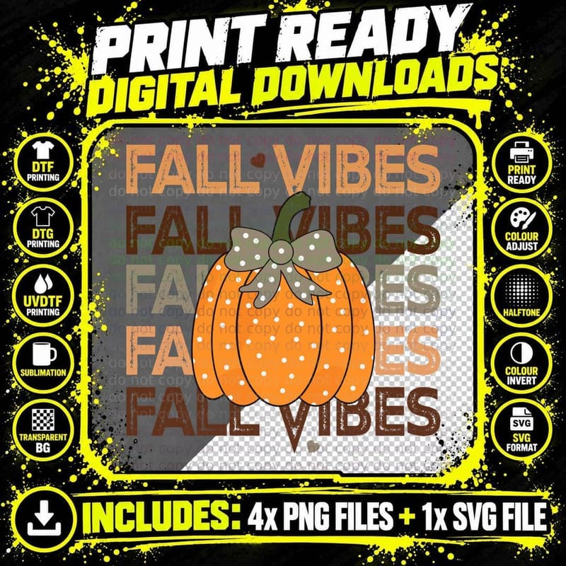 Fall Vibes Fall T-Shirt, Pumpkin with Bow Repeat Pattern Png SVG Digital Bundle
