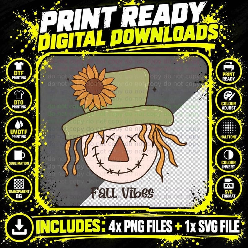 Fall Vibes Fall T-Shirt, Scarecrow Face Hat Sunflower Png SVG Digital Bundle
