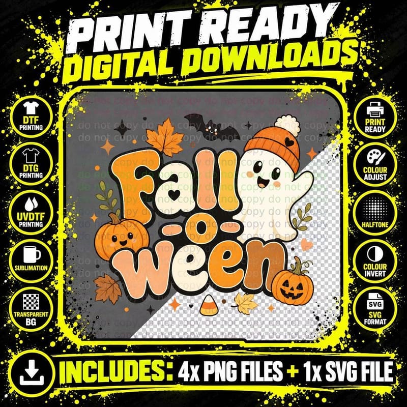 Fall-O-Ween Fall T-Shirt, Ghost Pumpkin Halloween Vibes Png SVG Digital Bundle