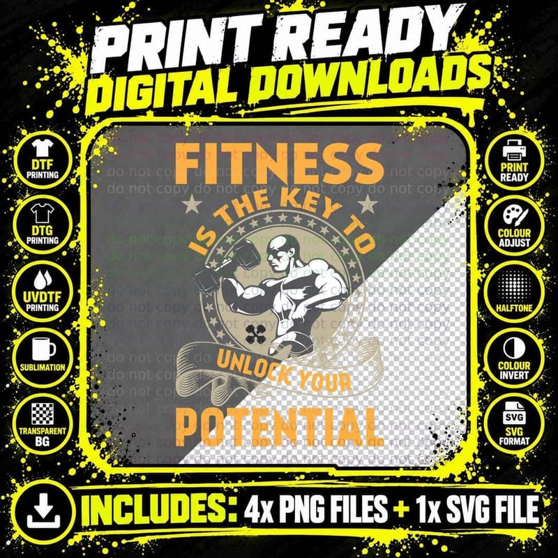 Fitness Is the Key Is the to Unlock Your Potential Gold Png SVG Digital Bundle