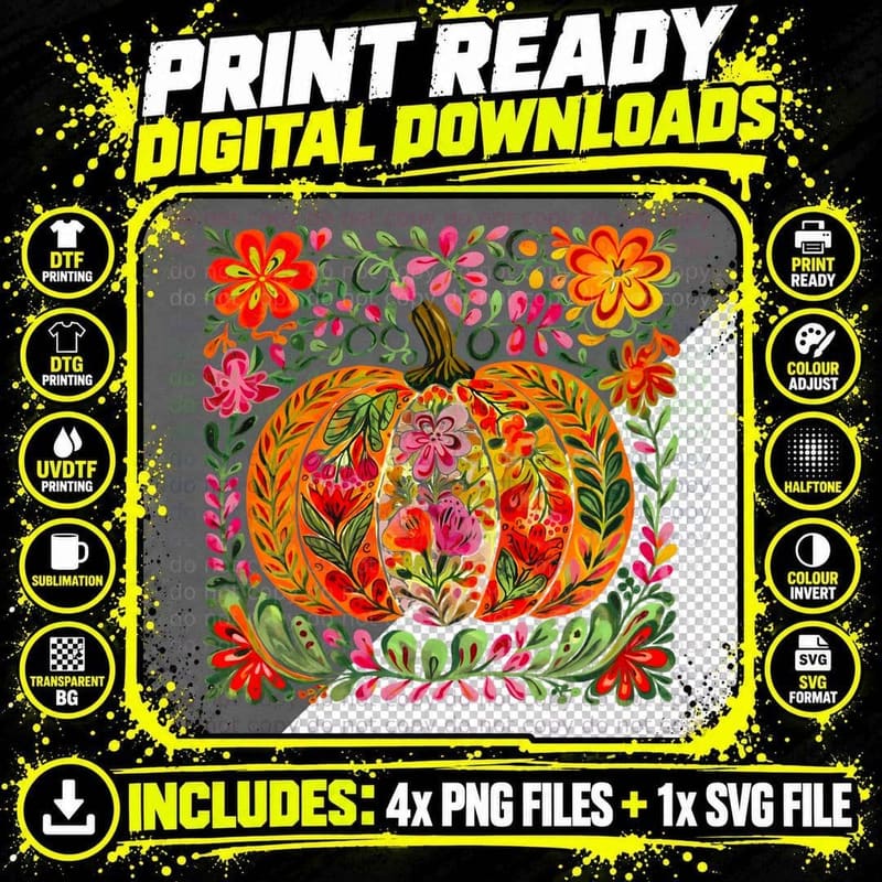 Floral Patterned Pumpkin Design Fall T-Shirt Png SVG Digital Bundle