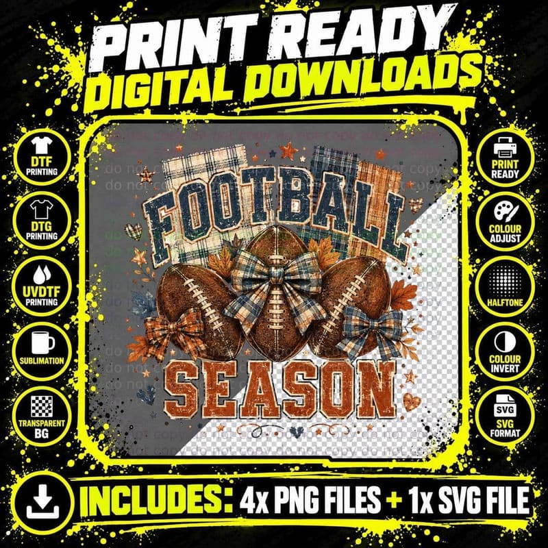 Football Season Fall T-Shirt, Football Plaid Bow Autumn Png SVG Digital Bundle