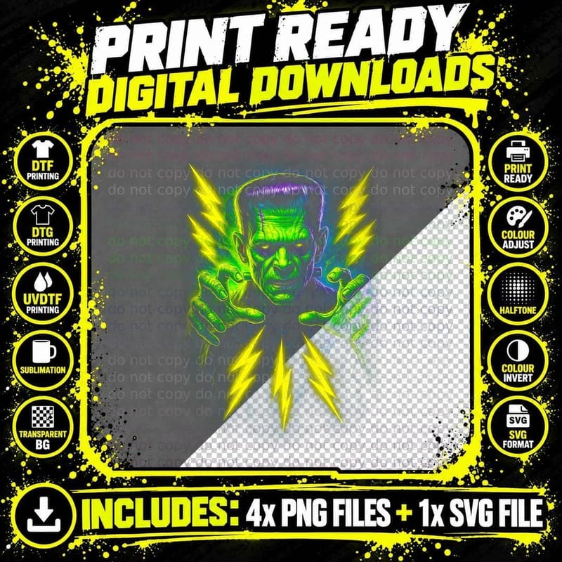 Frankenstein Monster T-Shirt, Halftone Horror Monster Png SVG Digital Bundle
