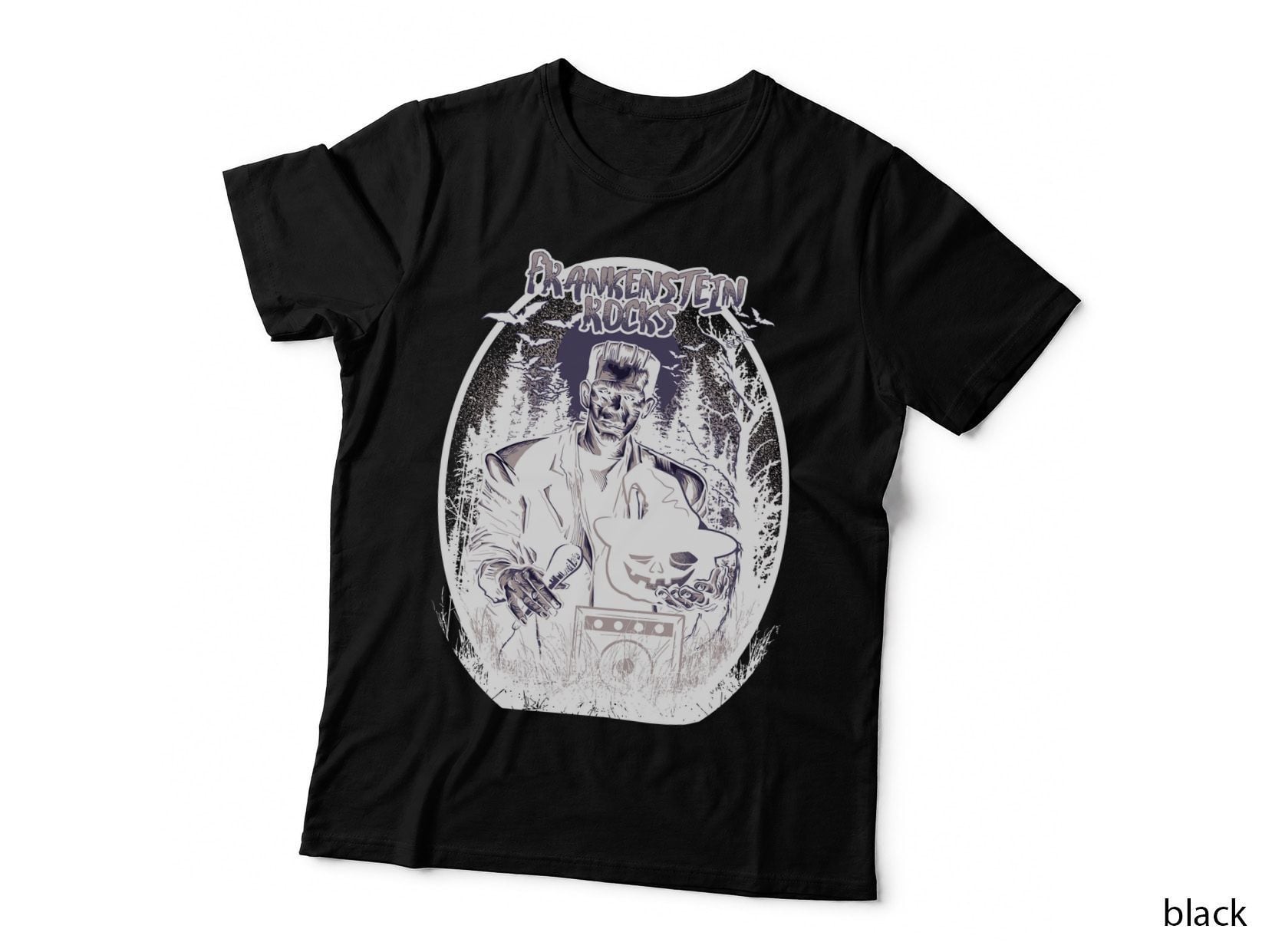Frankenstein Rocks Monster Head Black and White Horror Character T-Shirt
