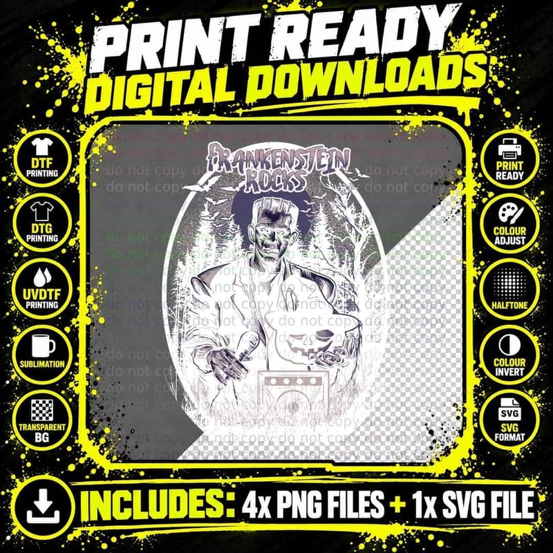 Frankenstein Rocks Monster Head Black and White Horror Png SVG Digital Bundle