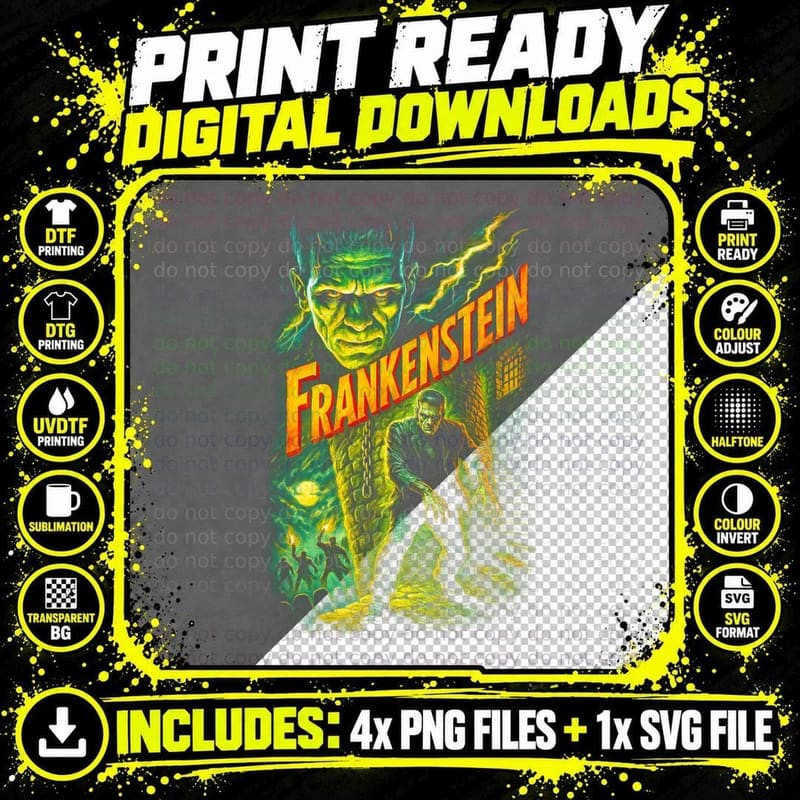 Frankenstein T-Shirt, Halftone Classic Horror Monster Png SVG Digital Bundle