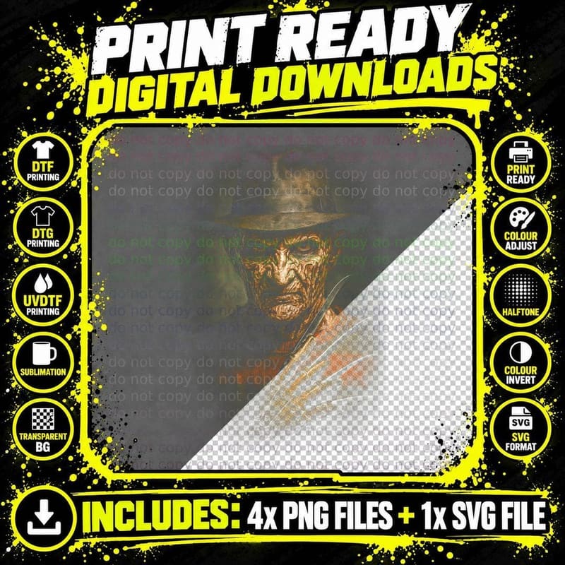 Freddy Krueger T-Shirt, Halftone Horror Portrait Graphic Png SVG Digital Bundle