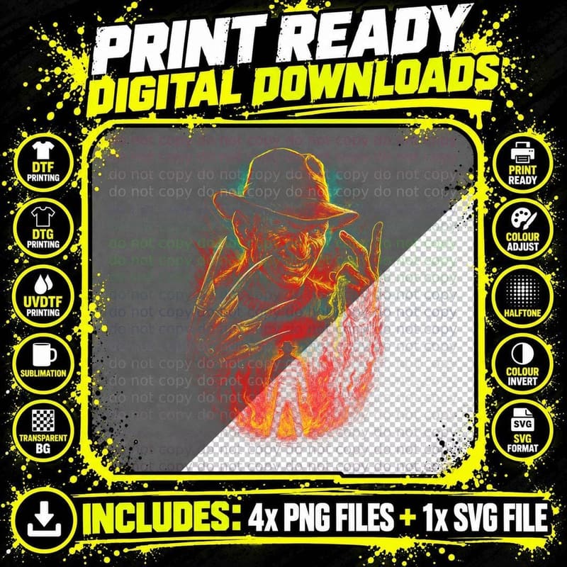 Freddy Krueger T-Shirt, Halftone Horror Slasher Movie Png SVG Digital Bundle