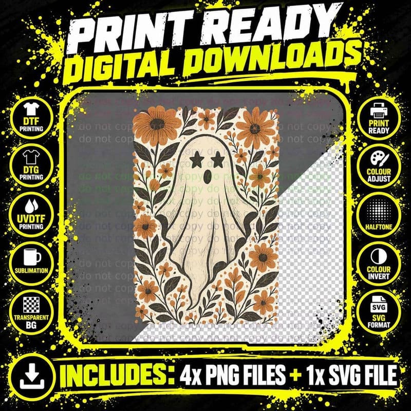 Friendly Ghost Autumn Flowers Border Fall T-Shirt Png SVG Digital Bundle